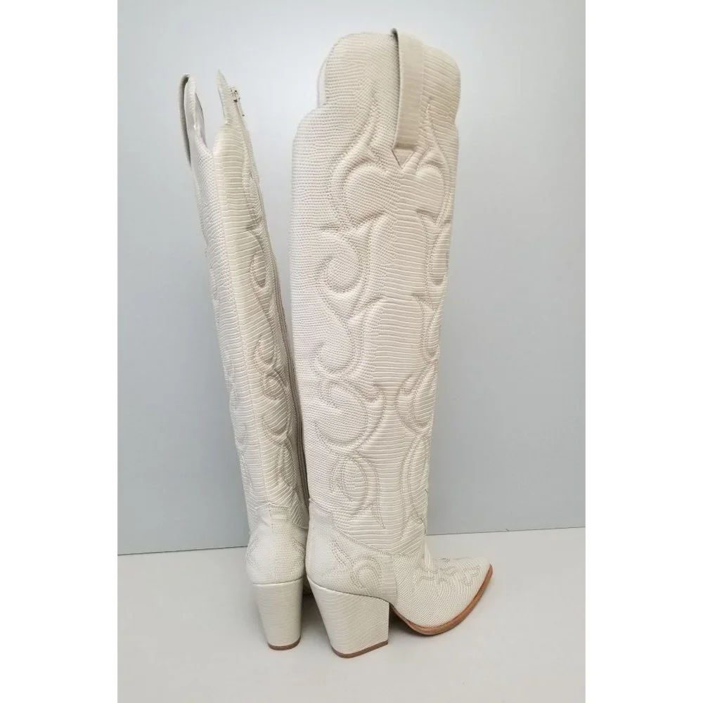 Free People Deja Over-the-Knee Boots Cream Faux Lizard Size 7 - Picture 3 of 5